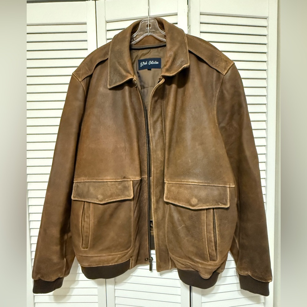 J Park Collection Distressed Brown Leather Bomber Jacket XXL